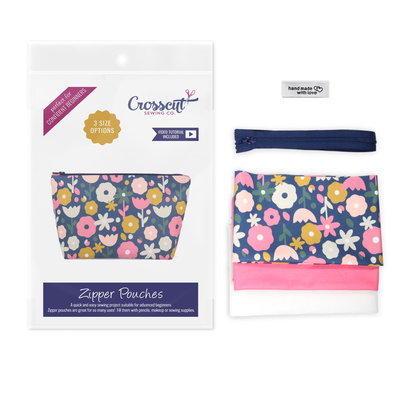 Crosscut Sewing Co.® Zipper Pouch Sewing Project Kit for Beginners with Fabric, Instructions and Video